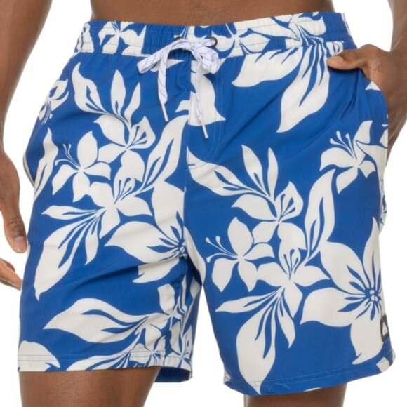 Mens Quiksilver Royal Blue Hibiscus Hawaiian Print Volley Swim Shorts Floral M L - Picture 2 of 10